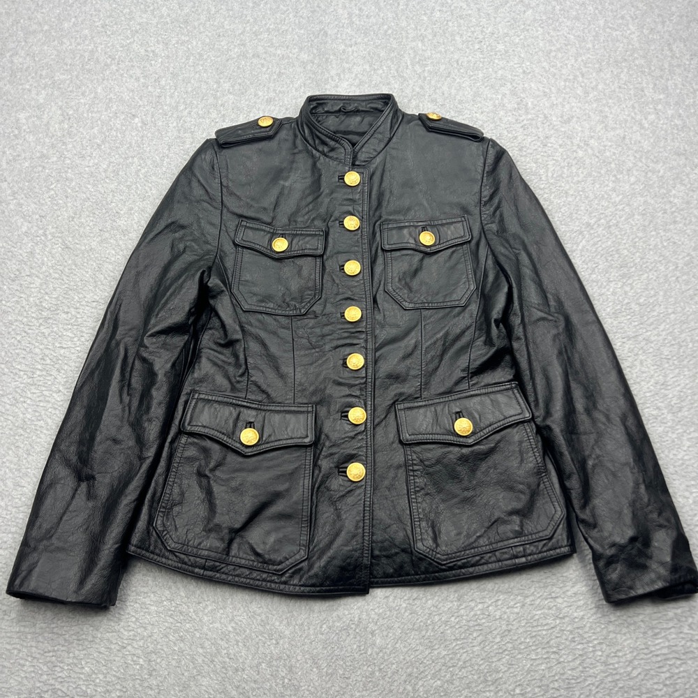 Wilsons Leather Jacket Womens Small Black Military Gold Button Epaulettes Safari